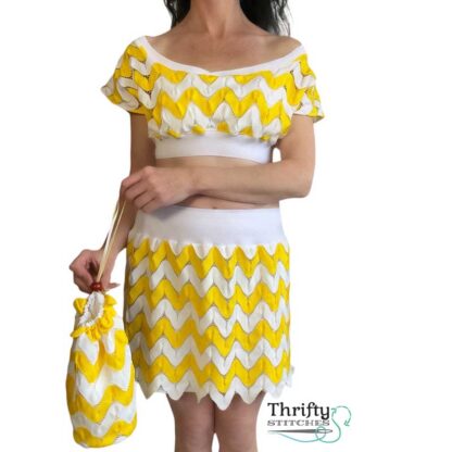 Retro inspired clothing handmade from vintage fabric. Yellow white Chevron zigzag skirt and top with matching bag