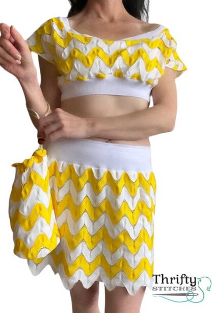 Retro inspired clothing handmade from vintage fabric. Yellow white Chevron zigzag skirt and top with matching bag