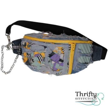 Upcycled Bum Bag #4 ~ Destroyed Denim, Scrap Textile with Chunky Yellow zip