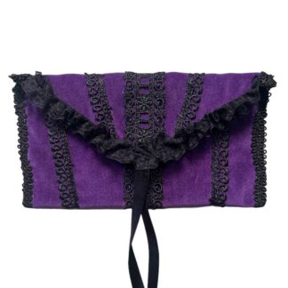 handmade purple velvet pouch. Ebellished in black lace with ribbon tie closure