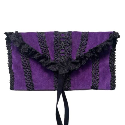handmade purple velvet pouch. Ebellished in black lace with ribbon tie closure