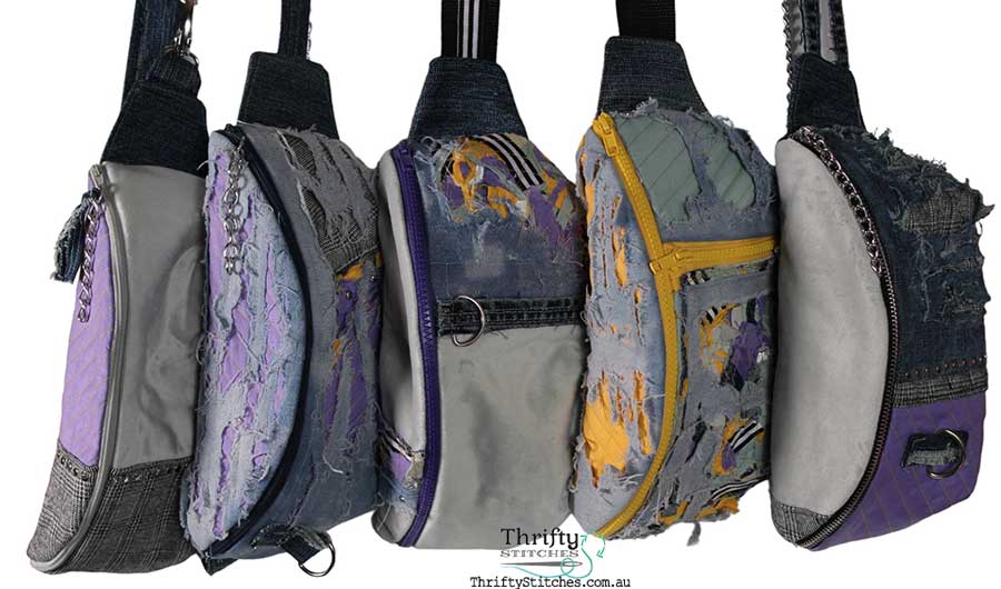 Upcycled bum bags bumbags distressed denim. 5 uniques bags